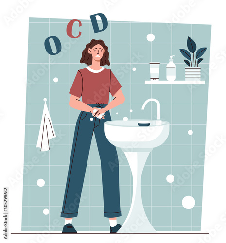 Concept of OCD. Girl frightenedly washes hands, obsessive compulsive disorder. Psychological disorders and problems, fear of germs and viruses, excessive cleanliness. Cartoon flat vector illustration