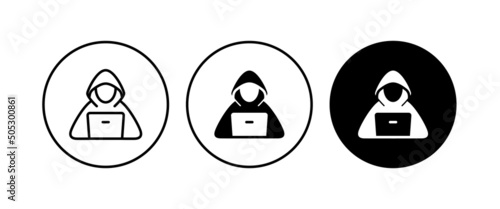 Computer hacker with laptop icon, Spy agent searching sign, symbol, logo, illustration, editable stroke, flat design style isolated on white