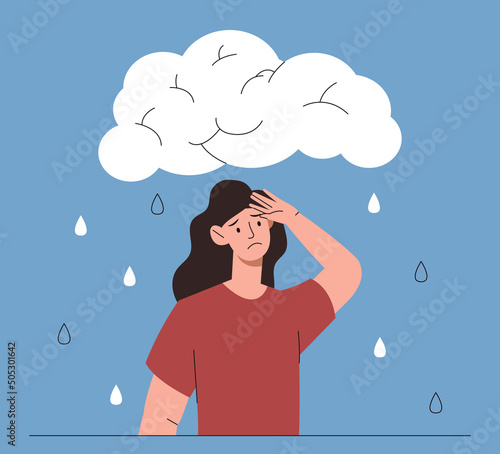 Sad expression concept. Psychological disorder, problems at work and in personal life. Depression, loneliness and frustration. Girl on background of clouds with rain. Cartoon flat vector illustration