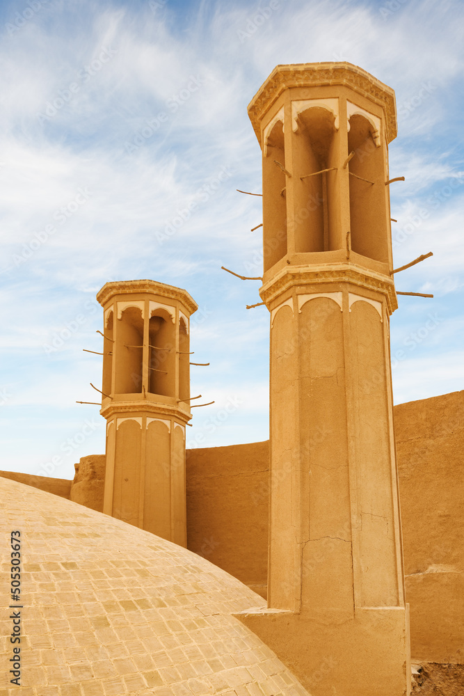 Awesome view of traditional Iranian windcatcher towers, Yazd