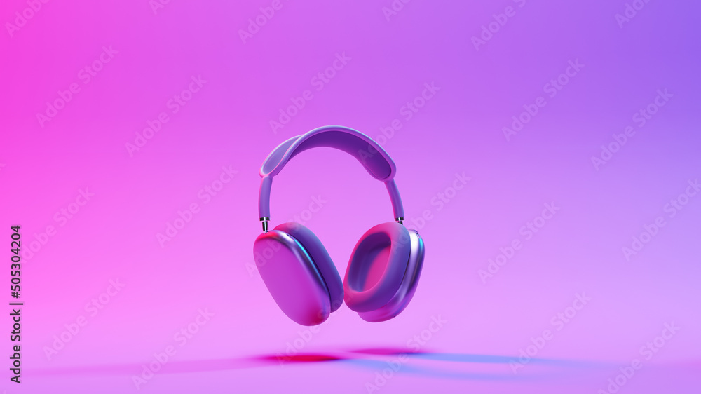 Fashionable headphones, 3d rendering. Pink headphones, on a neon background. Concept of