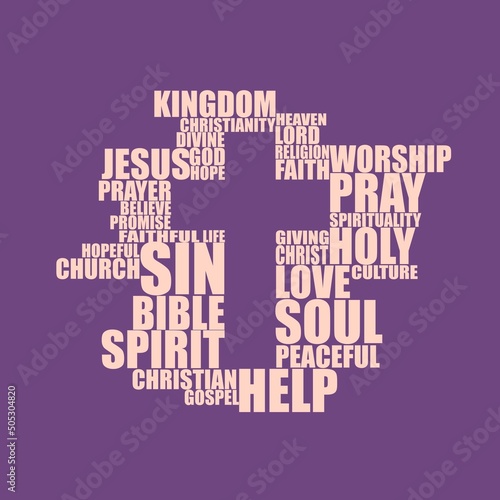 Christianity concept illustration. Cross with relative words cloud
