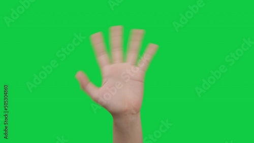 Body Language, women hand waving saying greetings hello or goodbye isolated on green screen background, Green screen Chroma key photo