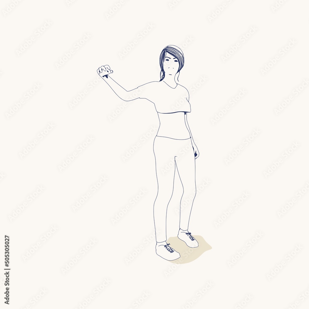 Standing woman. Sport girl illustration. Casual sportwear - t-shirt, breeches and sneakers. Young woman wearing workout clothes. Sport fashion girl outline in urban casual style. Standing woman. Sport girl illustration. Casual sportwear - t-shirt, breeches and sneakers. Young woman wearing workout clothes. Sport fashion girl outline in urban casual style.