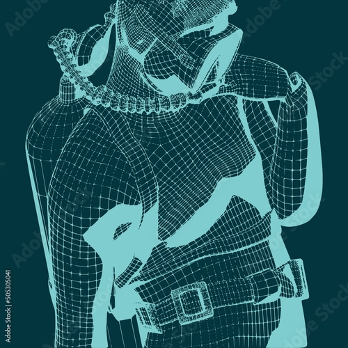 Monochrome silhouette of diver. Mesh grid texture