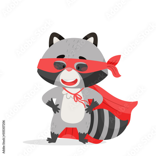 A raccoon stands in a red superhero costume with a mask and a mantle. Drawn in cartoon style. Vector illustration for designs, prints and patterns. Isolated on white background