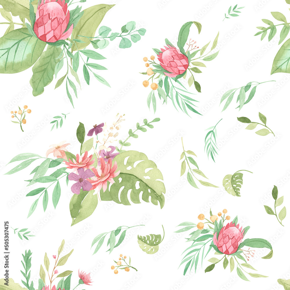 Watercolor seamless pattern. Flowers illustration for kids