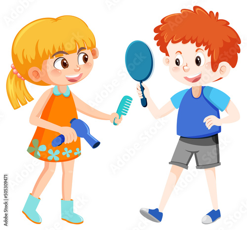 A boy holding hand mirror and a girl holding hair dryer