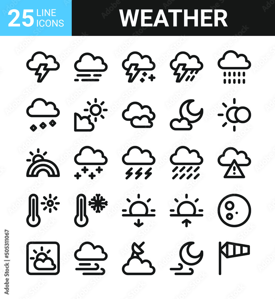 weather icon set in line style. Sunny, cloudy, storm, snow, rain weather icon set in line style. Sunny, cloudy, storm, snow, rain