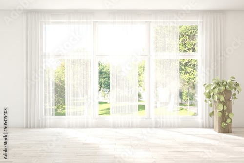 White empty room with summer landscape in window. Scandinavian interior design. 3D illustration