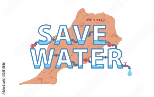Save the water words with waves inside letters and Morocco map. Faucet from which water drop flows in paper cut style. Water pipe with tap valve. Save the Water ecological poster, vector illustration