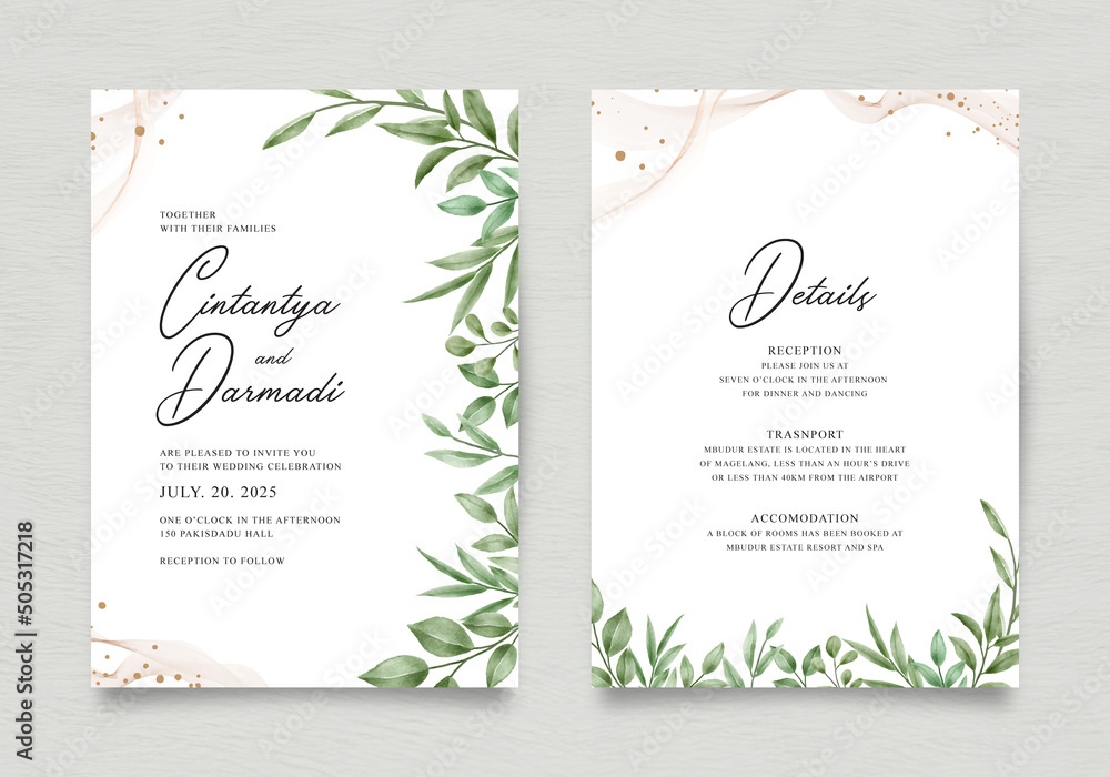 Obraz premium Double sided template wedding invitation set with watercolor foliage decoration