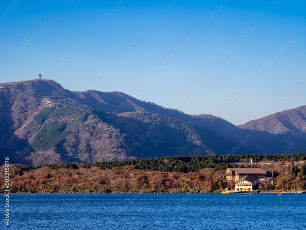 Cardela lake surrounded by autumnal mountains (Lake Ashinoko, Hakone, Kanagawa, Japan)