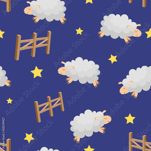 Vector seamless pattern on dark blue background. Cute cartoon sheep jumping over fence. Counting sheep to fall asleep.