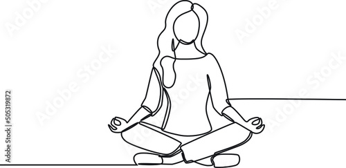 Single one line drawing young businesswoman doing meditation. employee sitting in yoga pose, relaxing, calm down and manage stress. Continuous line draw design graphic vector illustration.