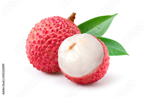 Juicy Lychee with cut in half and leaves  isolated on white background. Clipping path. photo