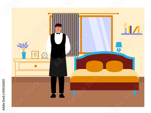 A housekeeper has cleaned up the hotel room. Hotel room service with room maid. Ai vector illustration