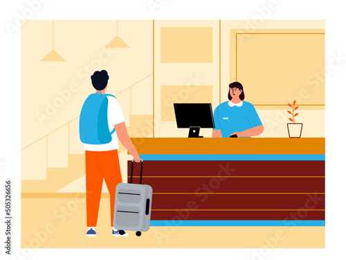 A guest carrying a backpack and a suitcase came to the hotel receptionist. He checked in to stay at the hotel. Ai vector illustration