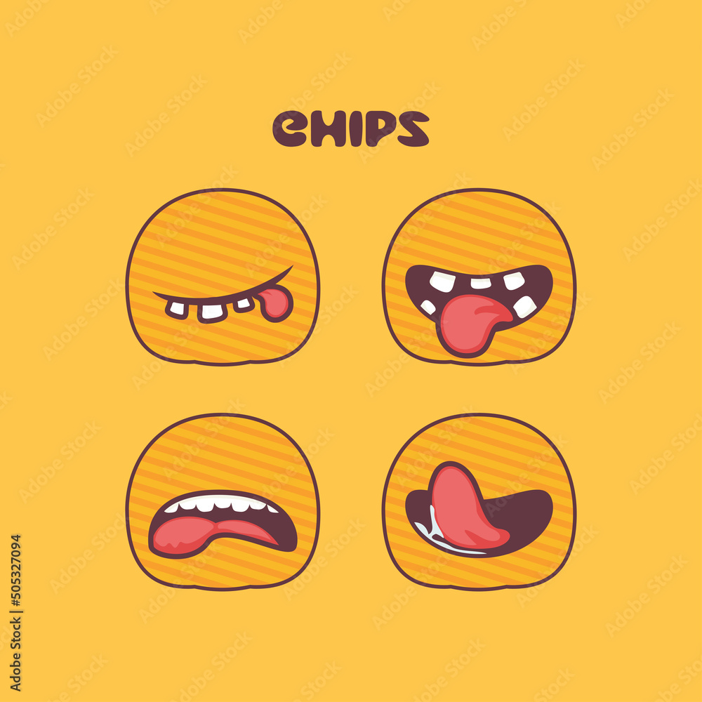 chips cartoon. food vector illustration. with different mouth expressions chips cartoon. food vector illustration. with different mouth expressions