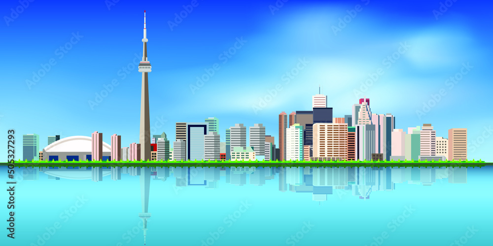 Toronto canada skyline color Buildings, blue sky and reflections. Vector illustration.
