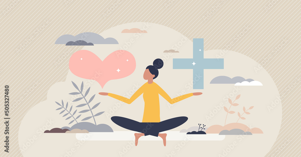 Mental wellbeing with love and health balance for peace tiny person concept. Calm emotions and happiness mindset with value esteem and appreciation vector illustration. Female yoga and meditation pose - obrazy, fototapety, plakaty 