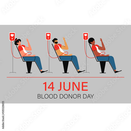 A vector image with a diverse group of people donating blood. Blood donor day
