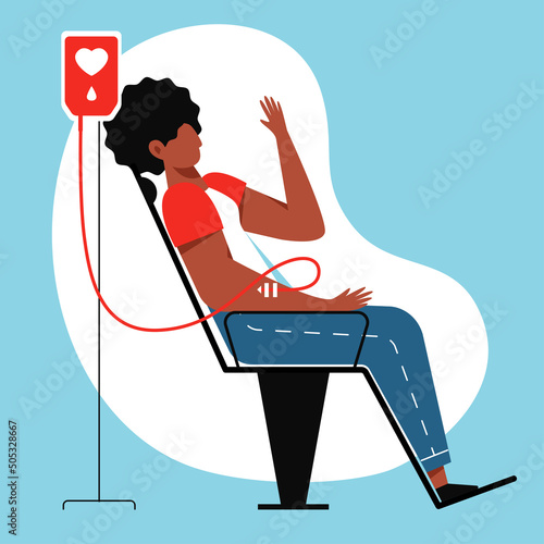 A vector image of a black woman donating blood. Blood donor day