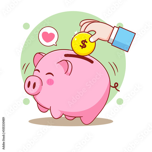 Hand putting coin into piggy bank. Saving money concept vector art