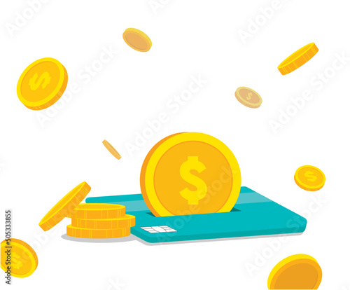 Events where a certain amount of money is accumulated for each card use illustration set. pay, gold, fly, bank. Vector drawing. Hand drawn style.