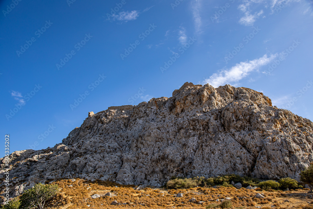 Ruined Feraklos castle overlooking Charaki on the east coast of the island of Rhodes, Greece