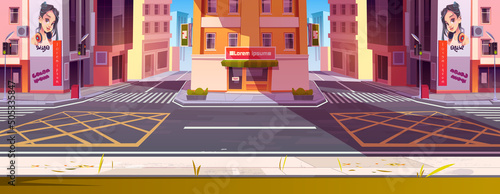 City street with houses, store or cafe showcase, road intersection with pedestrian crosswalk and traffic lights. Vector cartoon illustration of urban architecture, cityscape with buildings and shops