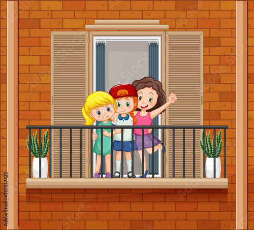 Three girls standing on the balcony