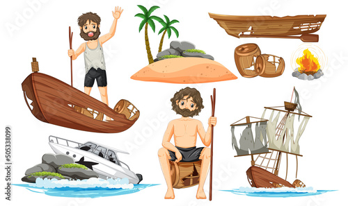 A man and boat wreck on white background