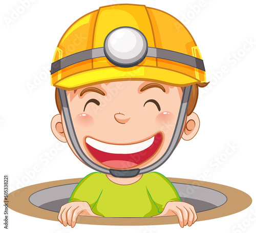 Happy boy in hole wearing safety hat