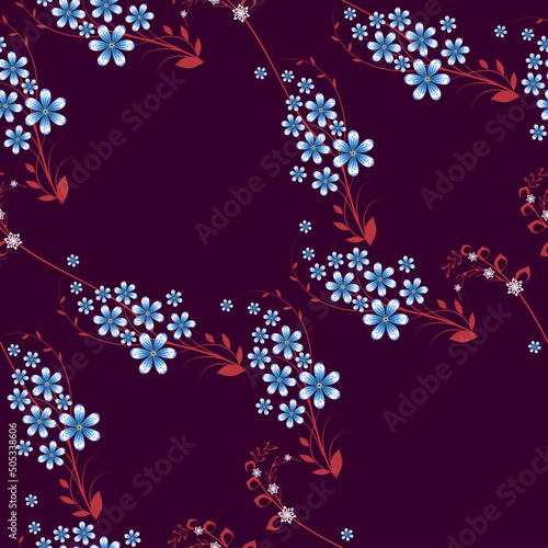 Seamless floral pattern with small blue bouquets of small flowers on a burgundy background. Vector illustration for the design of shawls, scarves