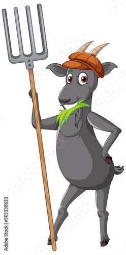 Black goat standing on two legs and holding rake