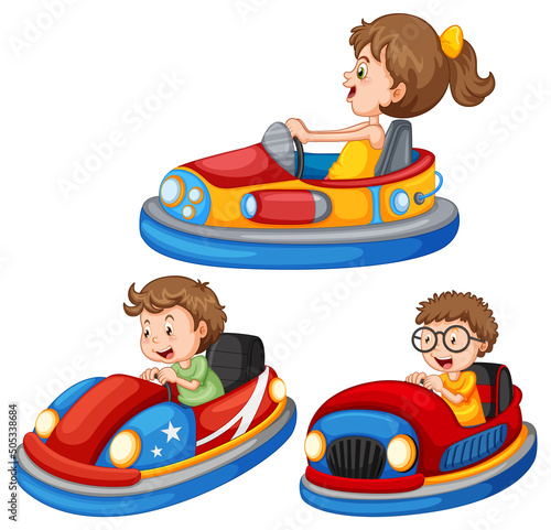 Set of different kids driving bumper cars in cartoon style