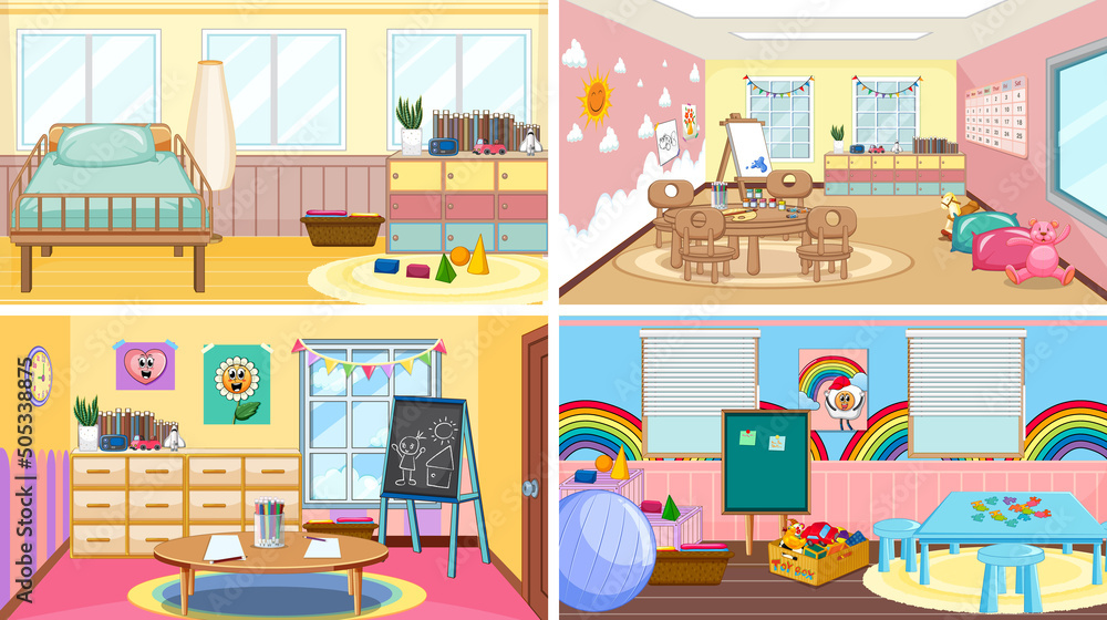 Set of different kindergarten classroom scenes Set of different kindergarten classroom scenes