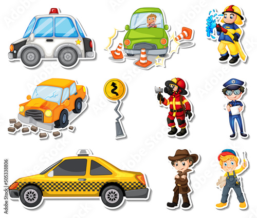 Sticker set of professions characters and objects