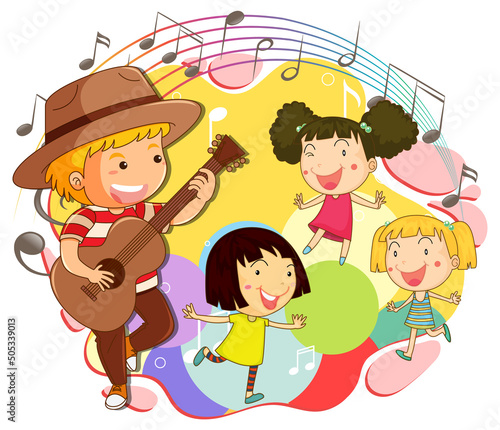 Happy children with music melody symbols
