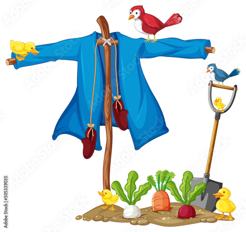 Scarecrow and bird in the garden