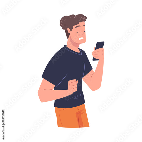 Man Character with Smartphone Reading Shock Content or News Vector Illustration