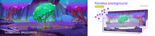 Magic forest landscape with fantasy alien tree with green dripping slime. Vector parallax background ready for 2d animation with cartoon illustration of fantastic tree with sticky foliage