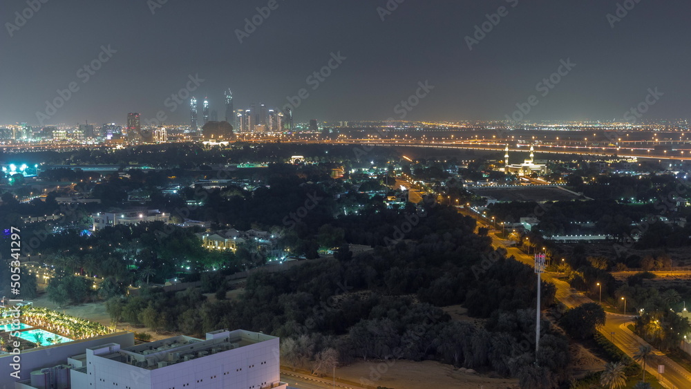 Garden in Zabeel district with skyscrapers on a background aerial timelapse in Dubai, UAE