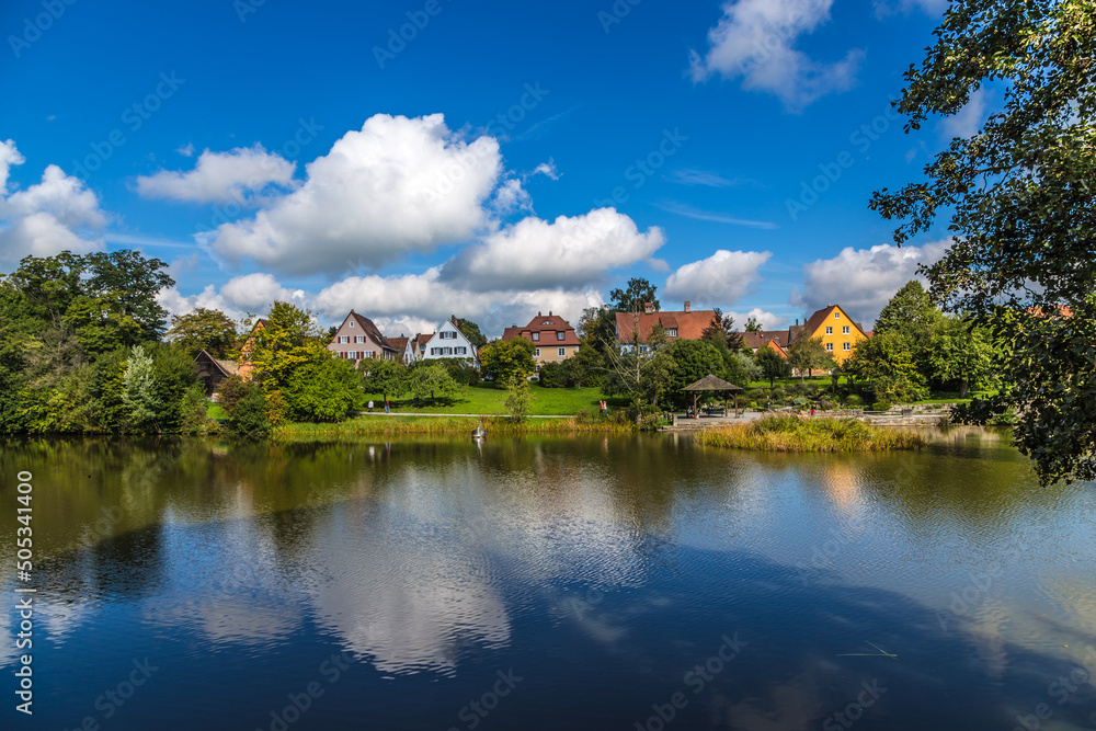 Dinkelsbühl, Germany. Scenic view of buildings on the river bank