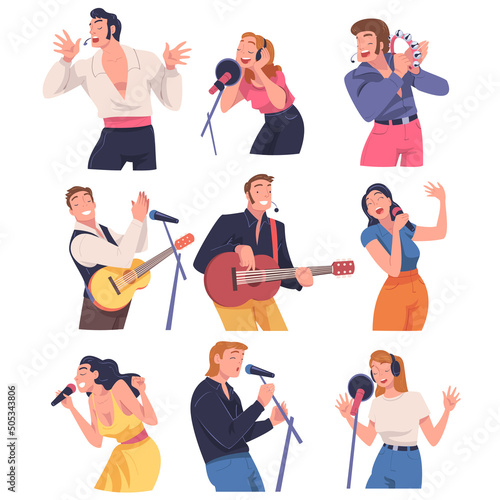 Singers and Musician with Microphone Perform Music on Stage Vector Set