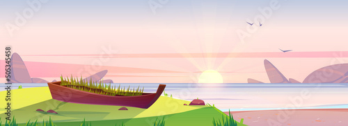 Sunrise beach and old wooden boat with growing grass inside, dawn nature background. Early morning ocean landscape, pink sky with shining sun above sea water, scenery shore Cartoon vector illustration