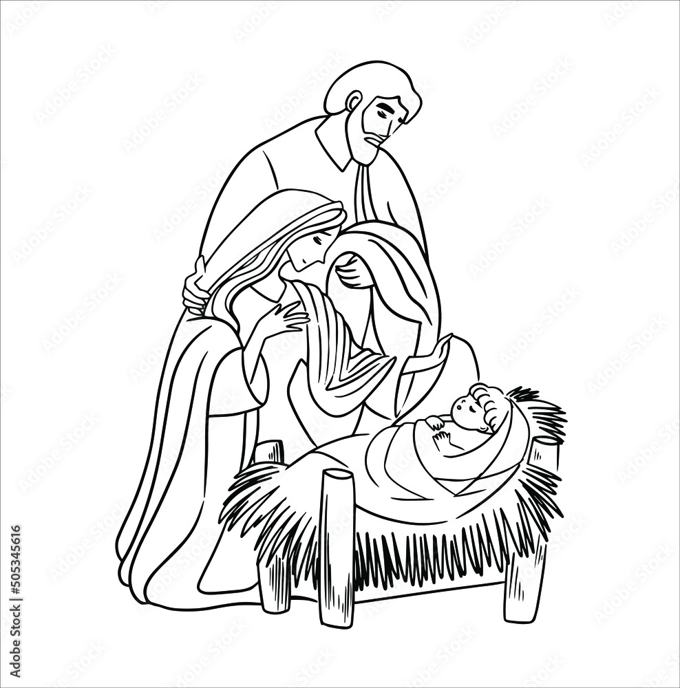 Vector illustration. Joseph and Mary with baby Jesus in the manger ...