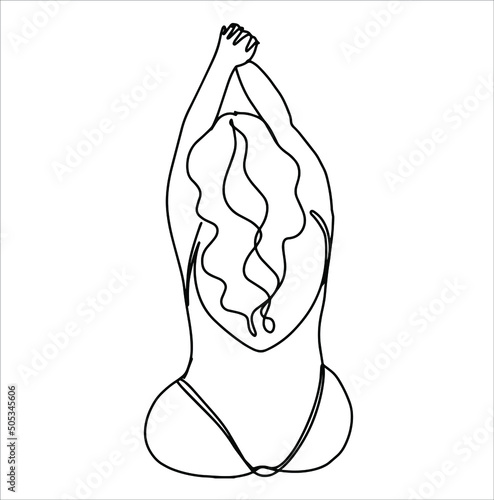 Vector line art illustration. Woman model plus size. Body positive art