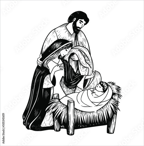 Vector illustration. Joseph and Mary with baby Jesus in the manger. Christmas picture for postcards, banners, decor